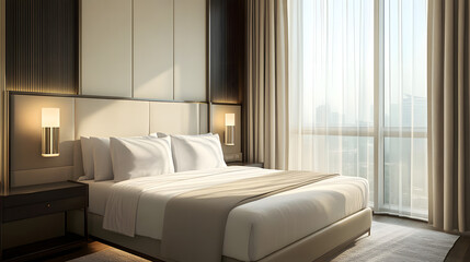 Luxury Hotel Room: Sunlight streams through sheer curtains illuminating a plush king-size bed in an elegant hotel room, showcasing high-end design and comfort. 