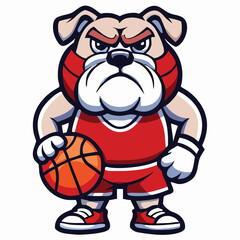 Cartoon bulldog athlete intensely grips basketball while wearing a sporty red uniform confidently