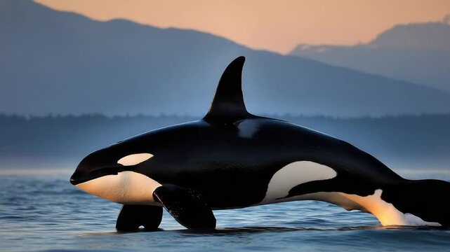 A majestic orca breaching the surface of tranquil waters at sunset, with mountains in the background
