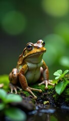 Obraz premium A contemplative brown frog sits amidst lush vegetation , serene, calm