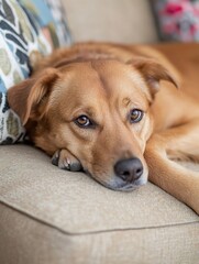 A light brown dog rests its head and paws on a beige couch, showing calm and peaceful expression. The dog's fur is soft and its eyes are gentle, conveying a sense of tranquility. : Generative AI