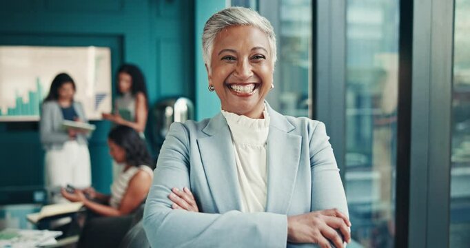 Mature business woman, arms crossed and smile at office, meeting or face for career at accounting job. Person, leader and happy in portrait, pride and excited in corporate boardroom at finance agency
