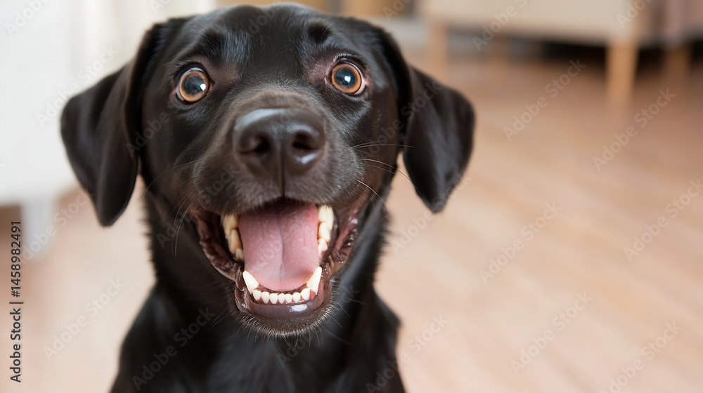 Poster a happy black labrador retriever dog with open mouth, showing teeth and tongue, looks directly at th