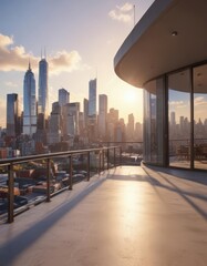 Fototapeta premium Sun-drenched penthouse, city skyline panorama, real estate, floor-to-ceiling windows, condo