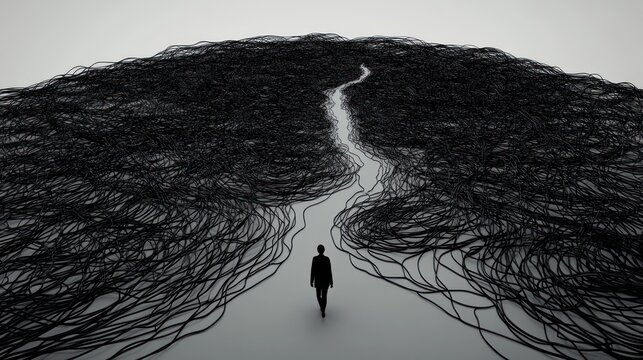 The Labyrinth of Choices: A Solitary Figure Navigating a Complex Path