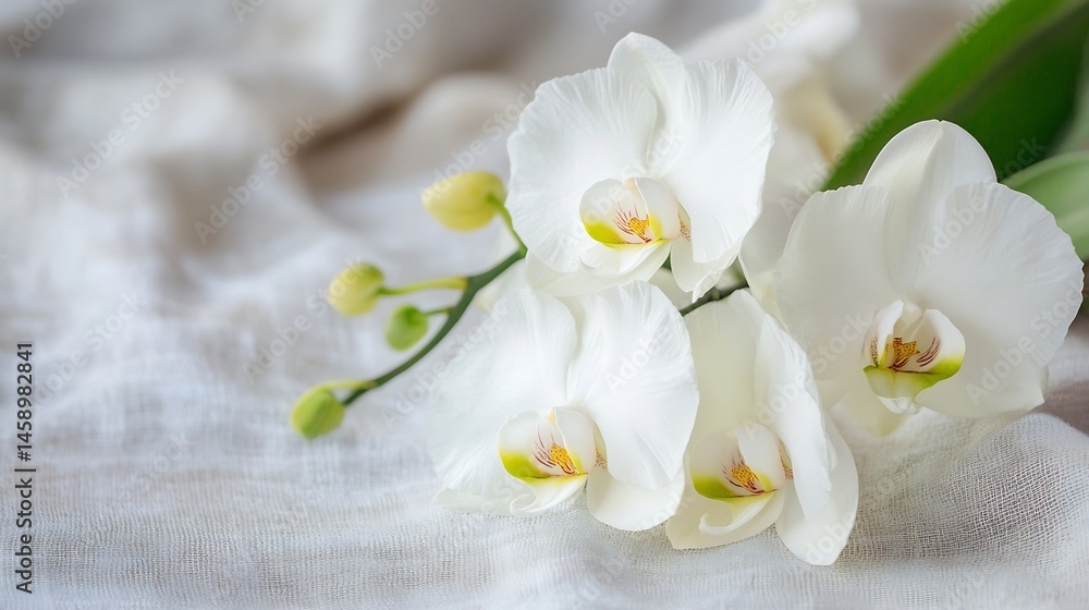 Poster close-up of three elegant white phalaenopsis orchids delicately arranged on a textured off-white fab