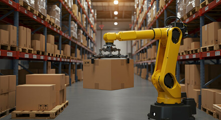 Automated Warehouse Robotic Arm Handling Cardboard Boxes Logistics Efficiency Supply Chain Management Distribution Center