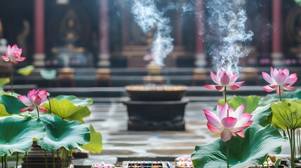 Peaceful lotus flowers in a traditional temple courtyard.