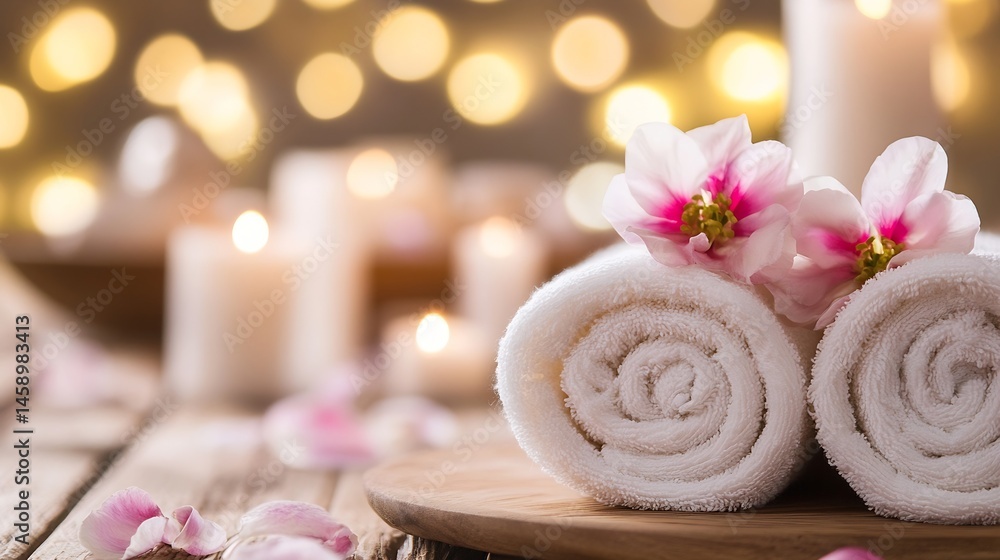 Leinwandbilder Spa treatment scene with rolled white towels adorned with pink flowers, candles and soft bokeh lights in the background, creating a relaxing and serene atmosphere. : Generative AI