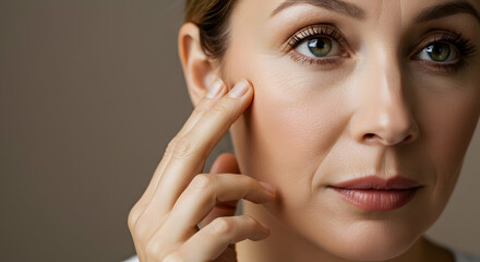 Mature woman skincare natural beauty aging gracefully wrinkles fine lines cosmetics health wellness self care routine middle age portrait