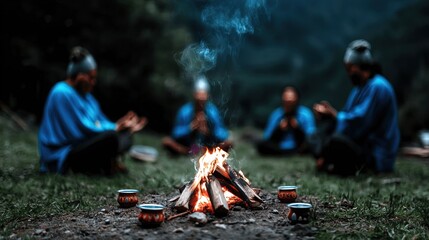 A group of people gathered around a campfire in the forest.