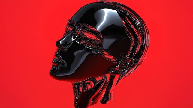 Abstract Black Head Sculpture Against Red Background