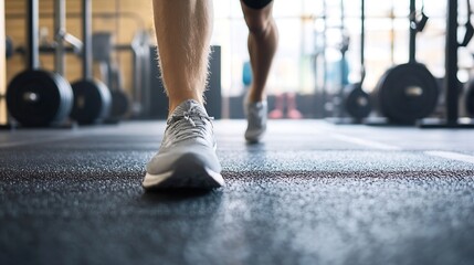 Close-up view of a man's legs and grey athletic shoes in a gym, walking towards the camera, with blurred background of weights and fitness equipment. : Generative AI