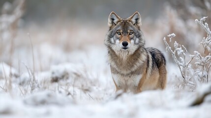 Obraz premium Majestic gray wolf standing in a snowy winter landscape, its piercing gaze captivating against a blurred background of frosty plants. : Generative AI