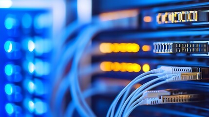 Close-up view of fiber optic cables connected to a server rack, illuminated with blue and orange lights, showcasing modern data center technology. : Generative AI