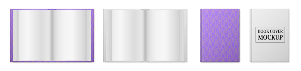 Mockup of an open book and purple book cover. Hardcover. Book layout. Page spread top view. Realistic open book	