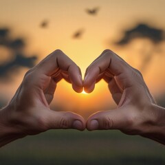 Silhouetted hands create a heart around the glowing sun, capturing a serene sunset with birds and a natural landscape in the background, symbolizing love, peace, and connection with nature.
