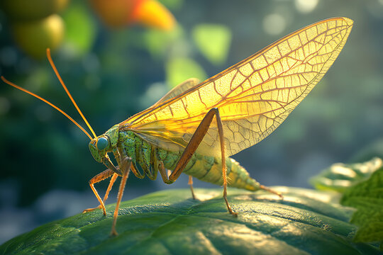 Close up of a green insect with yellow wings resting on a leaf in a natural outdoor environment - Powered by Adobe