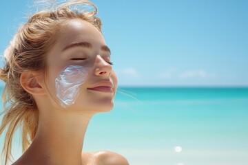 Woman applying sunscreen on beach (1)