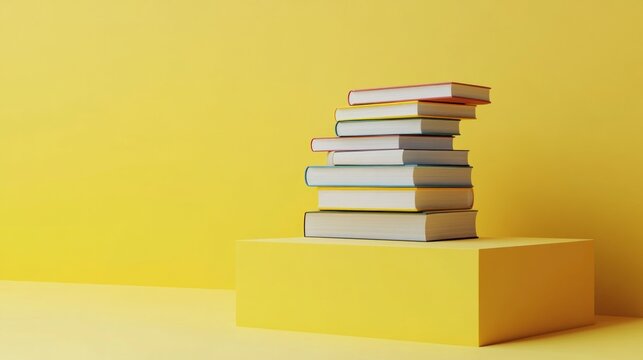 Stack of colorful books on a yellow podium - Powered by Adobe