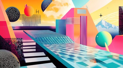 Vibrant futuristic landscape in a Memphis style design with geometric shapes