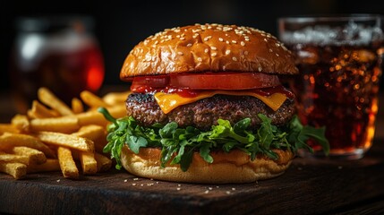 Gourmet Burger and Fries: A mouthwatering close-up of a gourmet burger with fresh ingredients, paired perfectly with golden fries and a refreshing drink, set against a warm, inviting background.
