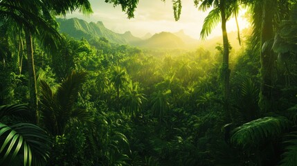 Naklejka premium Lush Tropical Paradise: Sunrise Over a Verdant Jungle Landscape