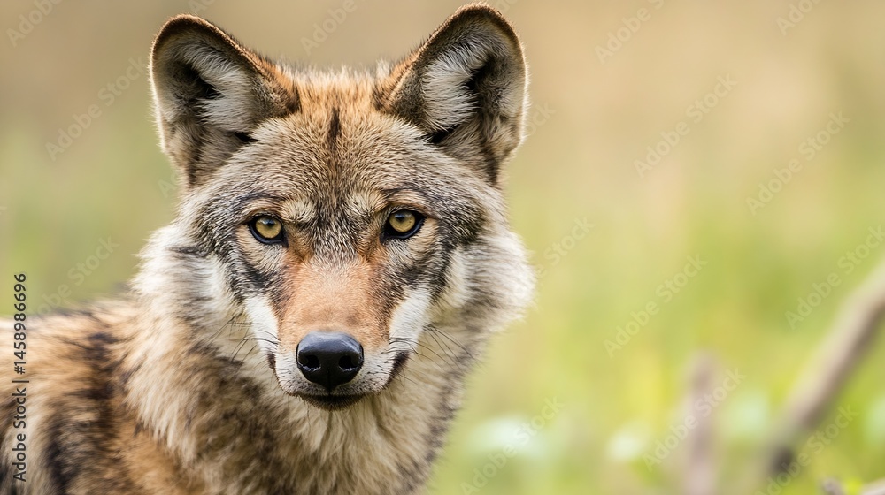 Poster close-up portrait of a majestic gray wolf, its intense amber eyes piercing the viewer, set against a
