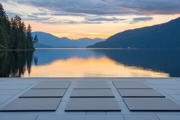 Calm lakefront yoga deck at sunrise