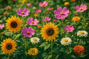 Vibrant garden with colorful flowers.