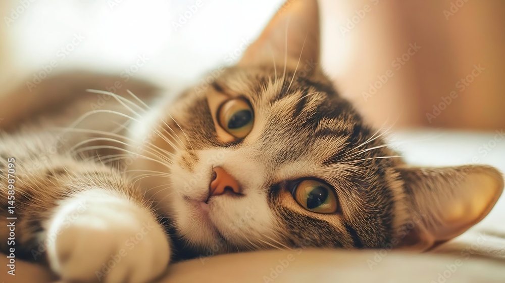 Poster close-up portrait of a tabby cat resting peacefully on a soft surface, its amber eyes gleaming softl