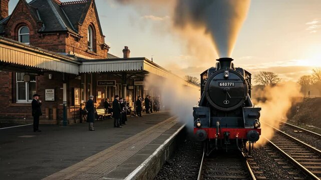 Nostalgic steam train at a train station platform