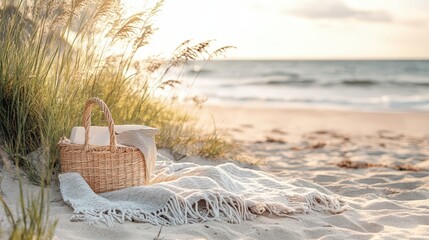 Serene Beach Picnic: A tranquil scene unfolds as a woven picnic basket sits nestled on a soft blanket atop golden sand, overlooking the vast expanse of the calming ocean.