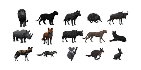 Naklejka premium Mixed African Wildlife Animals in Polygon Style � Predators & Herbivores in Natural Standing Poses Vector Art