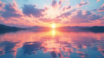 Obraz premium Serene Sunset Over Water with Cloud Reflections sunset serene water reflection clouds sky horizon ai
