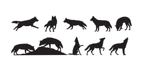 Fototapeta premium Fox Silhouettes in Alert & Stalking Poses � Wild Forest Predator Behavior Vector Art Illustration