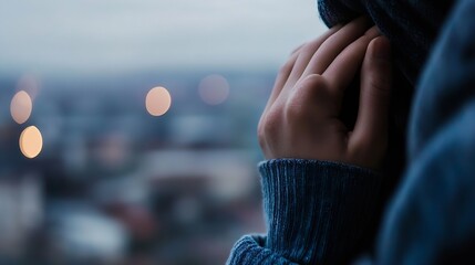 Close-up of a person's hand gently touching their neck, wearing a blue sweater, against a blurred city lights backdrop at dusk. : Generative AI
