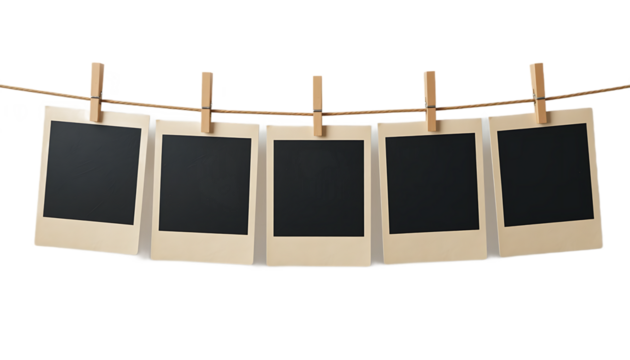 Retro photo prints hanging on a rope with wooden clothespins for memories and display.