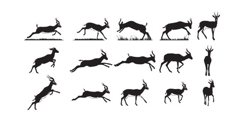 Naklejka premium Antelope Silhouette Collection � Various Species in Standing and Running Wildlife Vector Postures