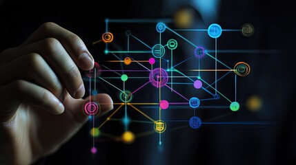 Hand manipulating a digital network, representing connectivity and innovation