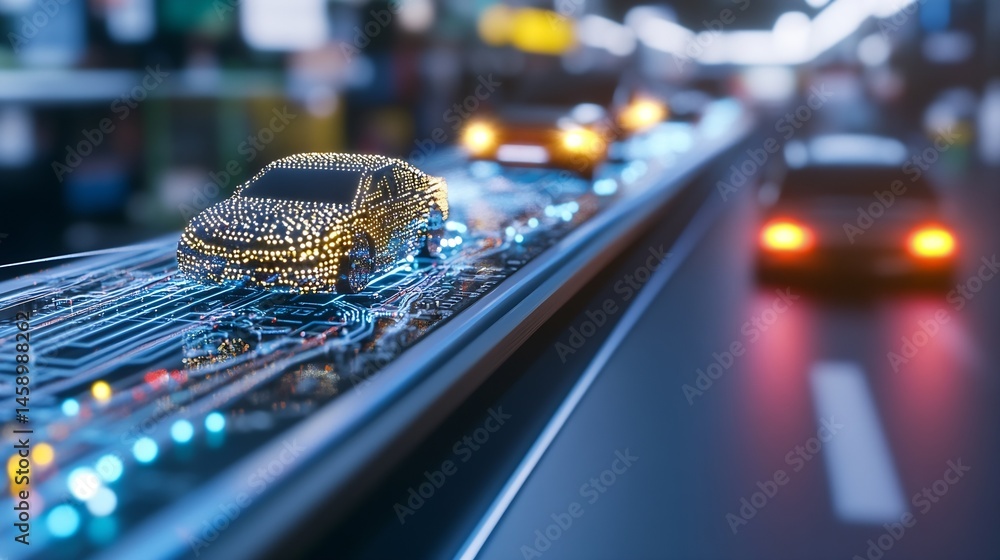 Poster autonomous vehicle concept: a futuristic car represented as glowing points of light, driving on a di