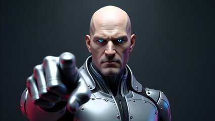 Positive cute robot pointing at a space