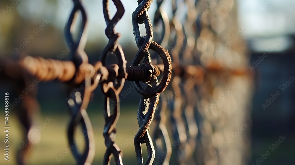 Poster close-up view of a rusty chain-link fence, bathed in warm sunlight, showing intricate details of met