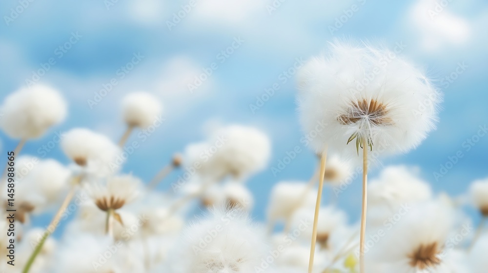 Aufkleber close-up view of fluffy white dandelion seed heads against a bright blue sky, creating a serene and 