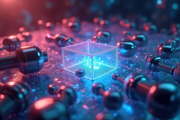 Futuristic technology. Futuristic glowing blue cube surrounded by metallic capsules on reflective surface, technology innovation concept for science, research, digital background with high-tech neon