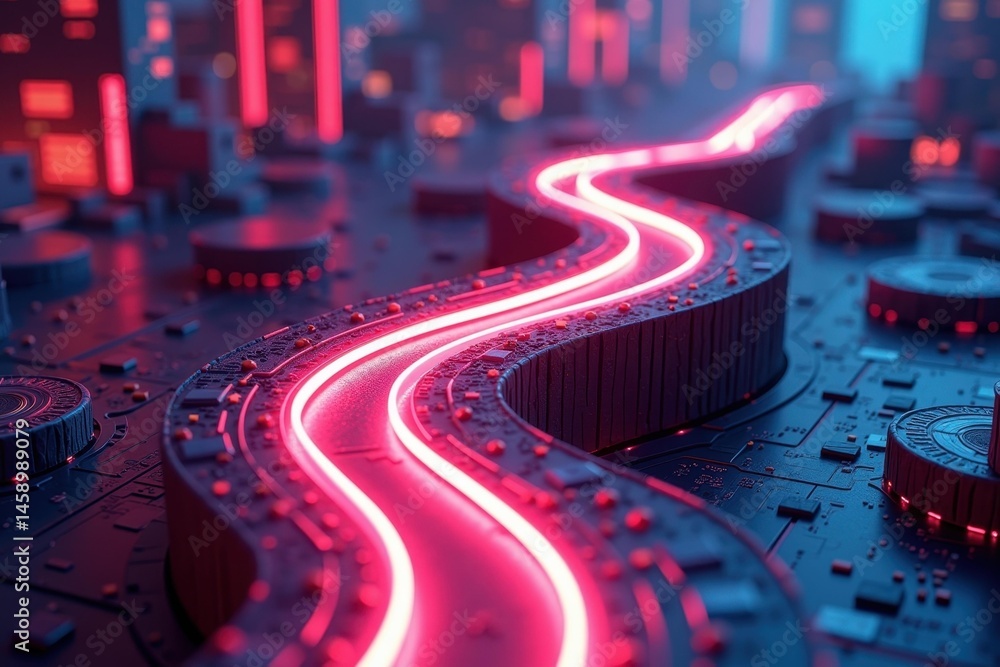 Poster neon circuit. futuristic technology. abstract digital. glowing pathway. electronic components. tech 