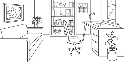 Office interior graphic black white sketch illustration vector 