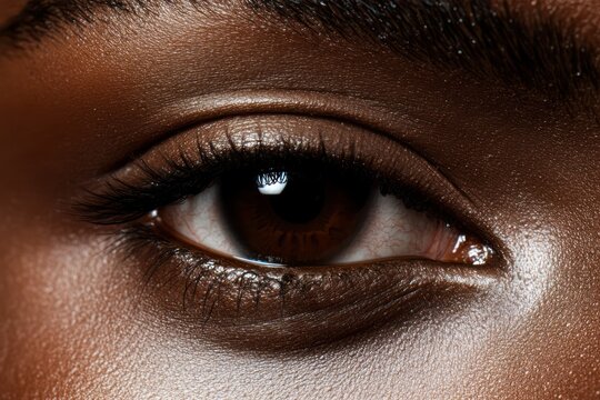 Macro view of deep brown eye on dark skin