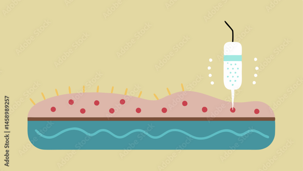 Poster microneedling process an illustration of a handheld microneedling device over skin with tiny dots de