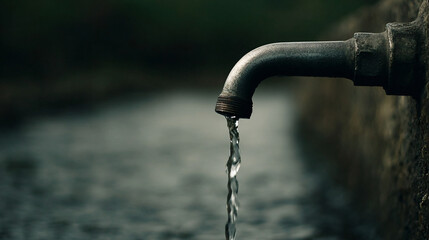 Rustic Outdoor Faucet With Fresh Water Dripping Against A Weathered Brick Wall And Greenery In The Background
